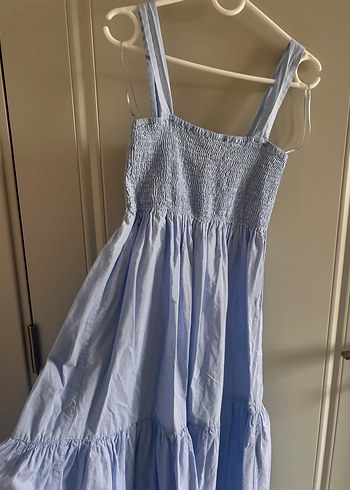 Mavi Uzun Askılı Piliseli Bohem Elbise - Görsel 3