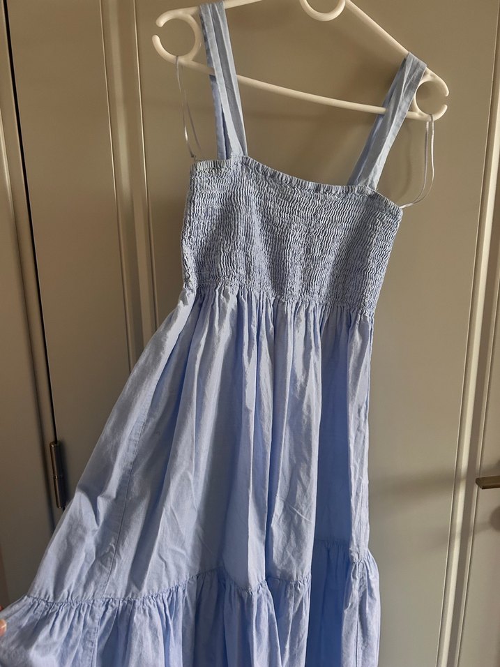 Mavi Uzun Askılı Piliseli Bohem Elbise - Görsel 3