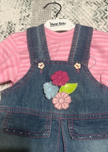 18-24 Ay Beden Nakışlı Örgü Detaylı Pembe Kot Elbise