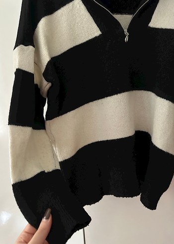 Çizgili Yarım Fermuarlı Kadın Yün Kazak - Görsel 3