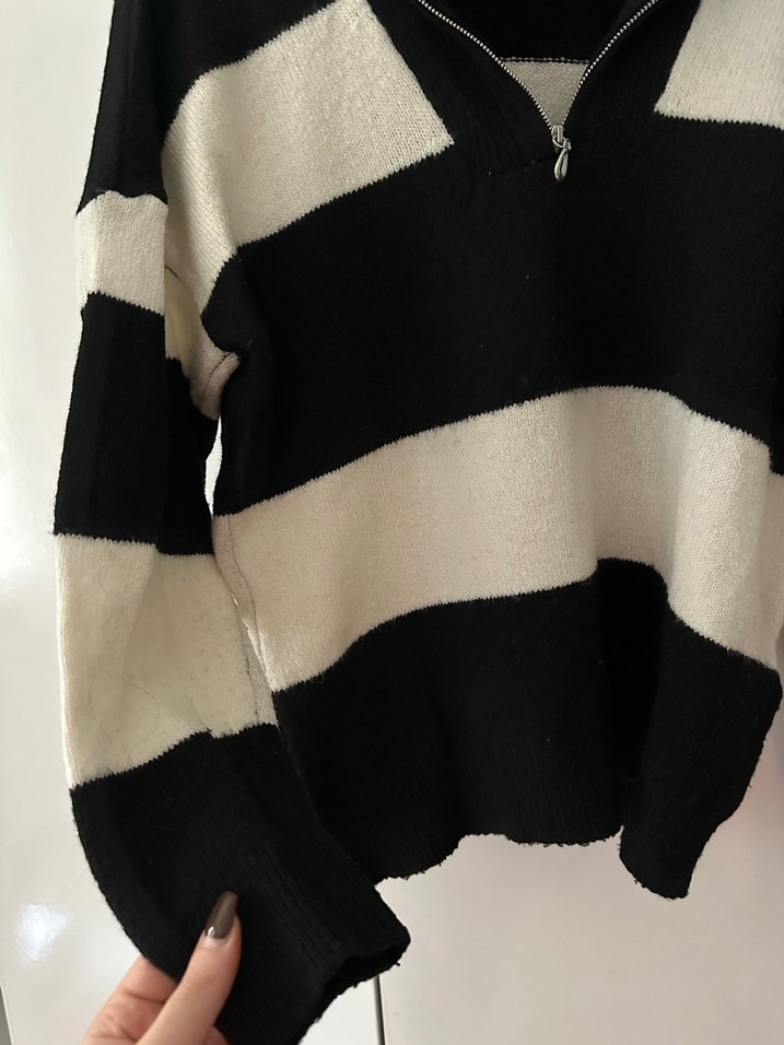 Çizgili Yarım Fermuarlı Kadın Yün Kazak - Görsel 3