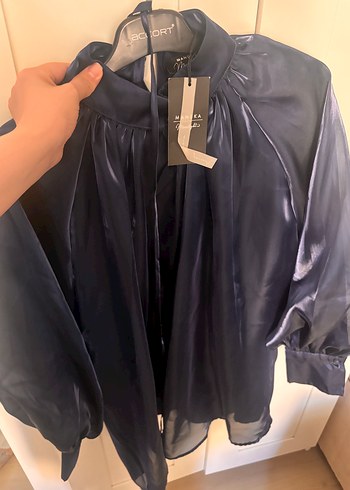 Zara Manuka Parlak Mavi Yüksek Yakalı Kadın Abiye Tunik/Elbise