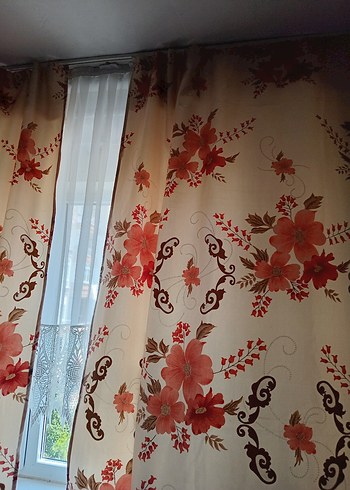 American Vintage Vintage 2 Kanat Klasik Cicekli Krem Perde