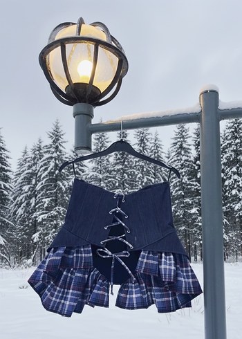 Kadın Denim ekose pileli Midi Bustiyer - Görsel 3