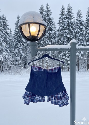 Kadın Denim ekose pileli Midi Bustiyer - Görsel 4