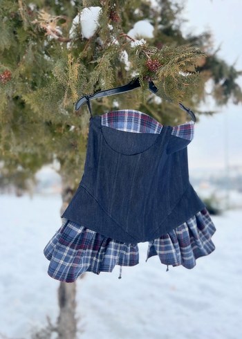 Kadın Denim ekose pileli Midi Bustiyer - Görsel 2