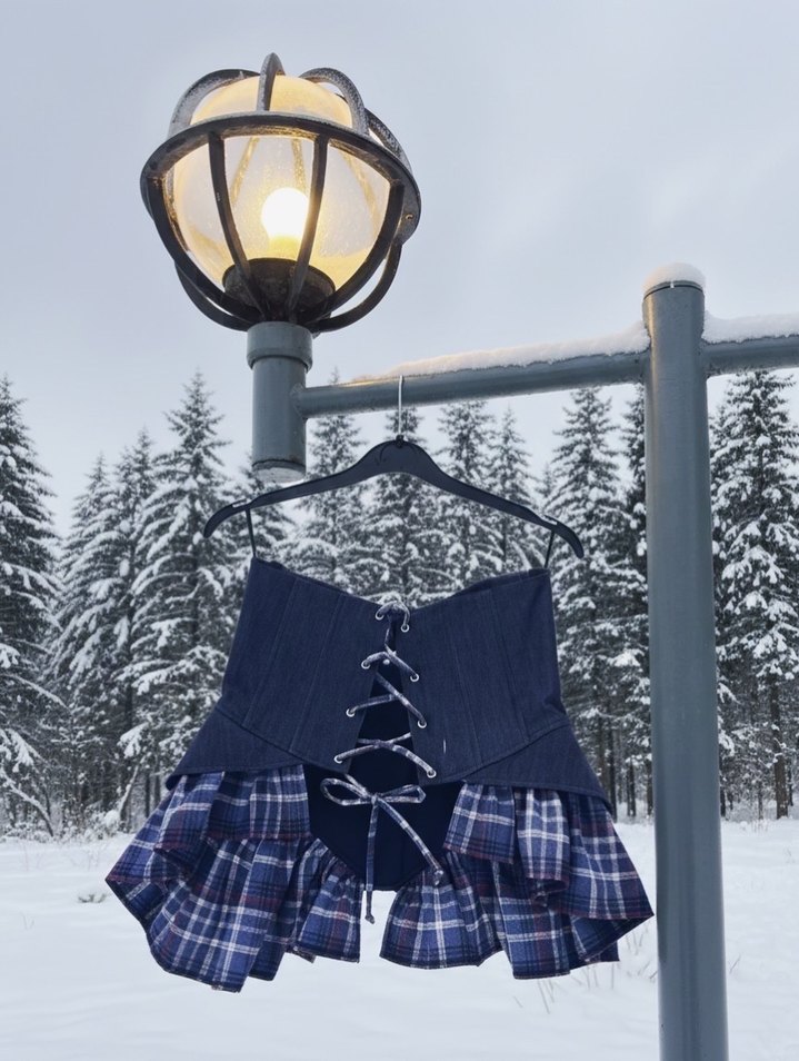 Kadın Denim ekose pileli Midi Bustiyer - Görsel 3