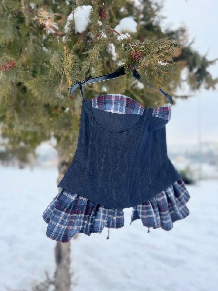 Kadın Denim ekose pileli Midi Bustiyer - Görsel 2