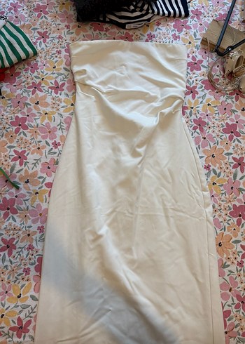 Beyaz Straplez Uzun Keten Elbise - Görsel 3