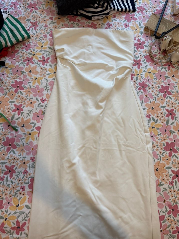 Beyaz Straplez Uzun Keten Elbise - Görsel 3