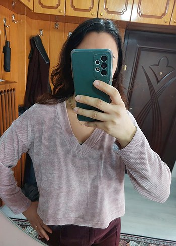 Pembe lila karışımı V Yaka Kadın Sweatshirt - Görsel 2