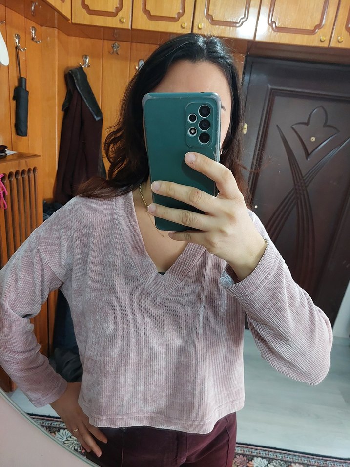 Pembe lila karışımı V Yaka Kadın Sweatshirt - Görsel 2