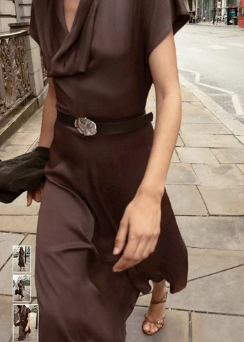 Zara Kahverengi Kemerli Uzun Saten Elbise - Görsel 2