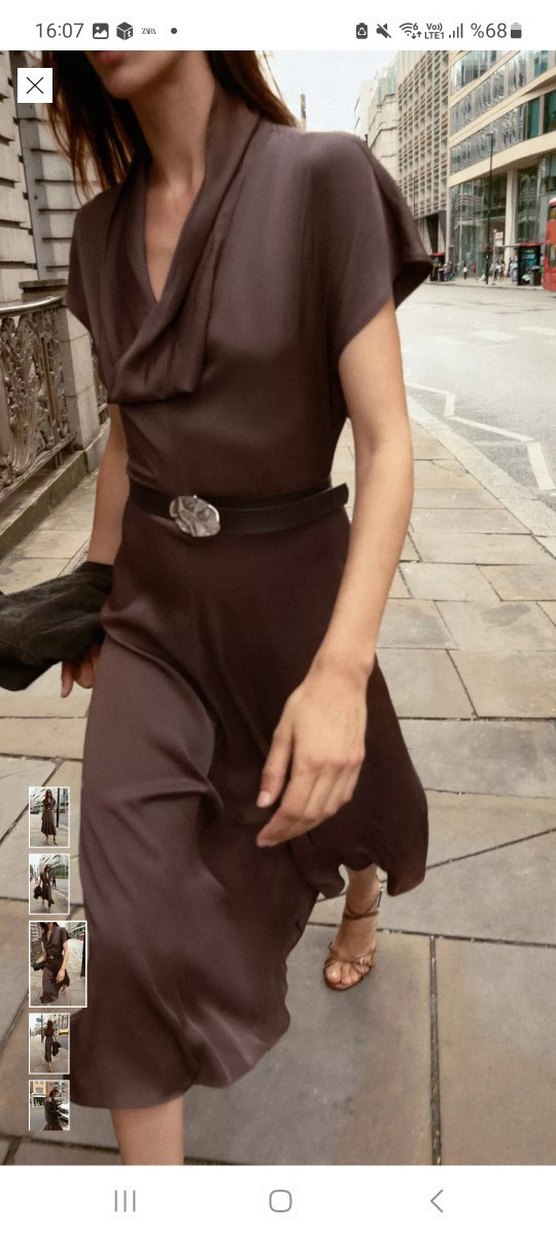 Zara Kahverengi Kemerli Uzun Saten Elbise - Görsel 2