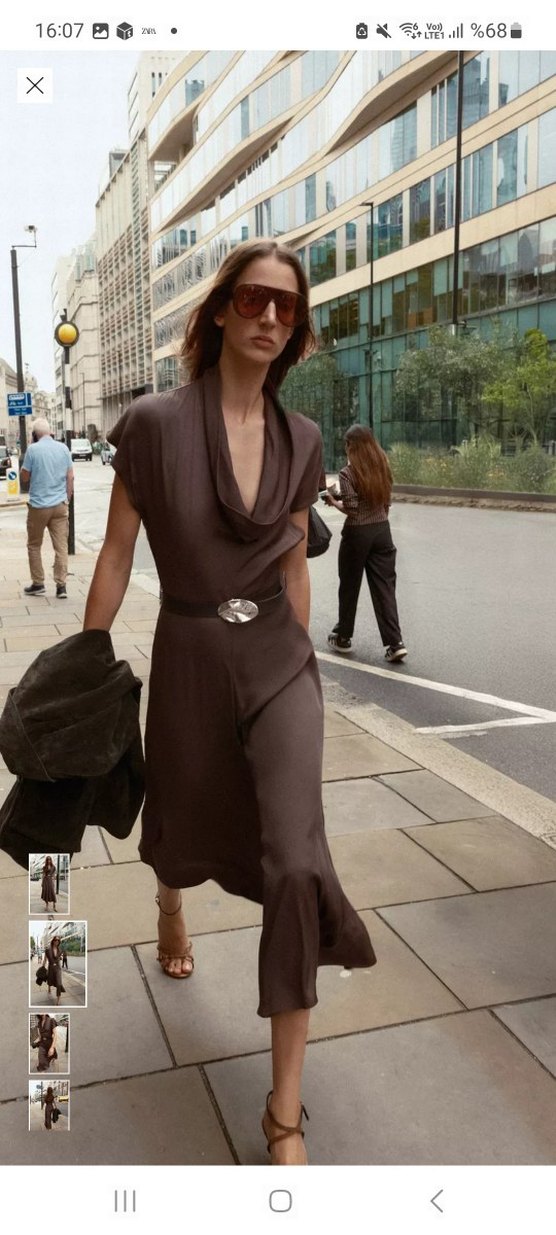 Zara Kahverengi Kemerli Uzun Saten Elbise - Görsel 3