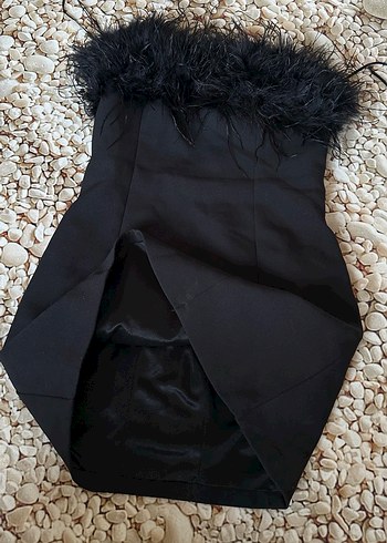 Mini Siyah Straplez Kürklü Abiye Elbise - Görsel 8