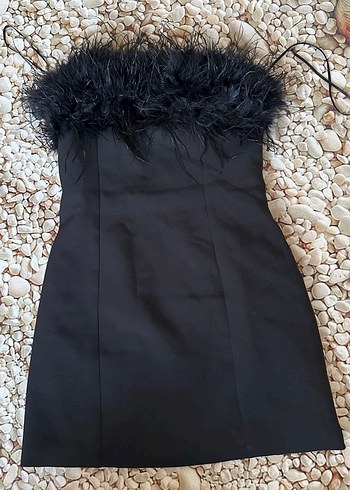 Mini Siyah Straplez Kürklü Abiye Elbise - Görsel 10