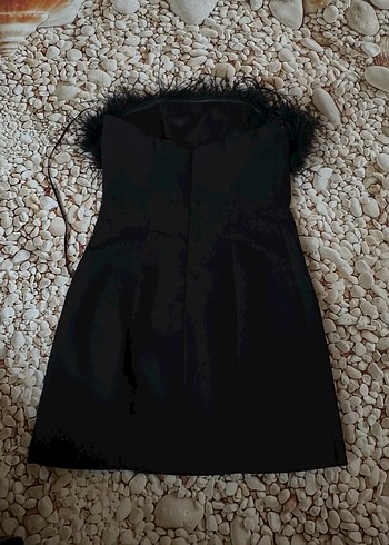 Mini Siyah Straplez Kürklü Abiye Elbise - Görsel 6