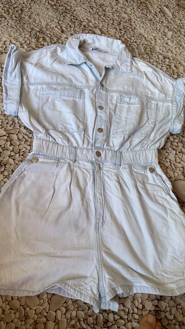 Kadın Beyaz Denim Mini Tulum - Görsel 3