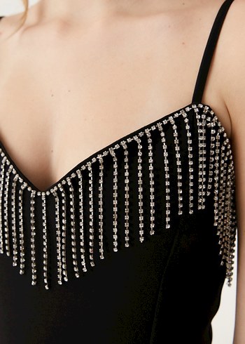 Boncuk İşlemeli Siyah Mini Gece Elbisesi - Görsel 2