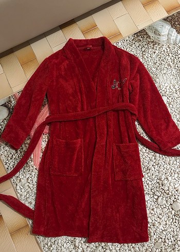 Nakışlı Kırmızı Uzun Kollu Kadın Bornoz - Görsel 4