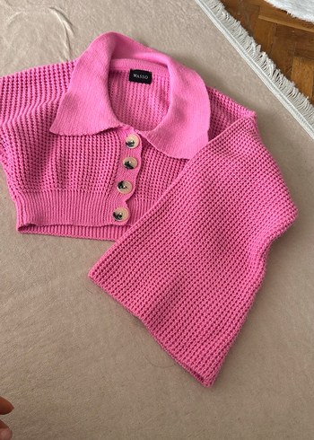 Düğmeli Pembe Kadın Triko Kazak - Görsel 2