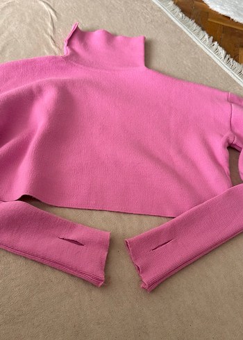 Pembe Kadın Boğazlı Kısa Triko Kazak - Görsel 2