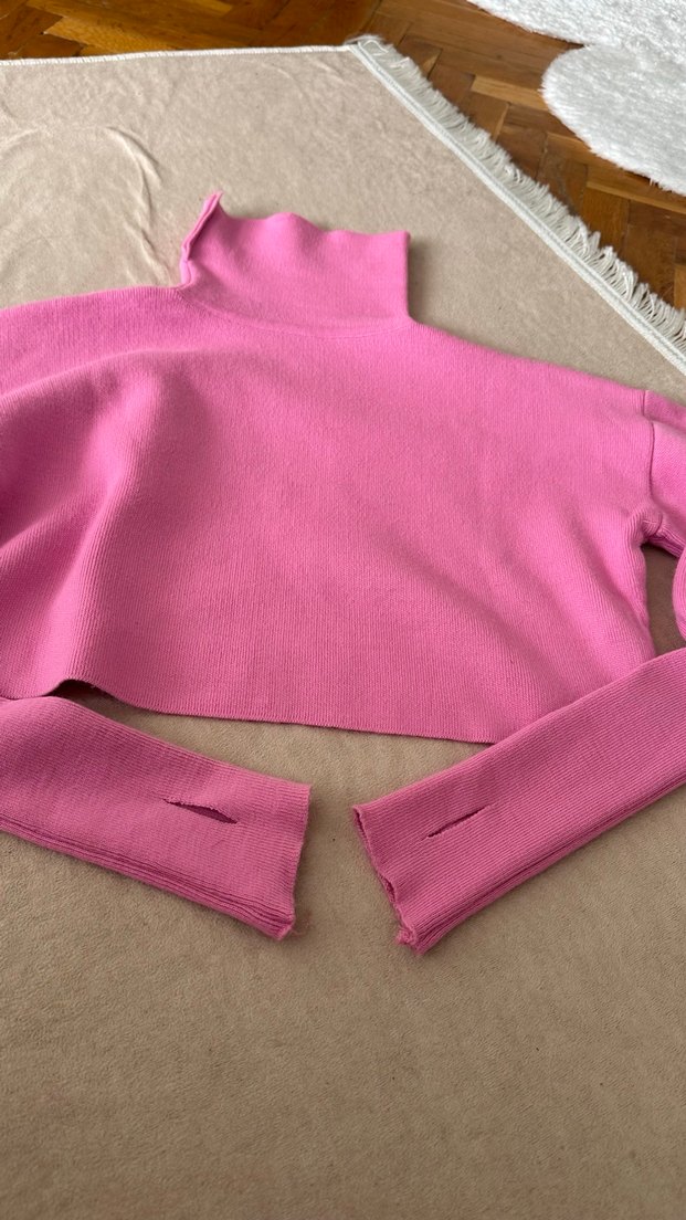 Pembe Kadın Boğazlı Kısa Triko Kazak - Görsel 2