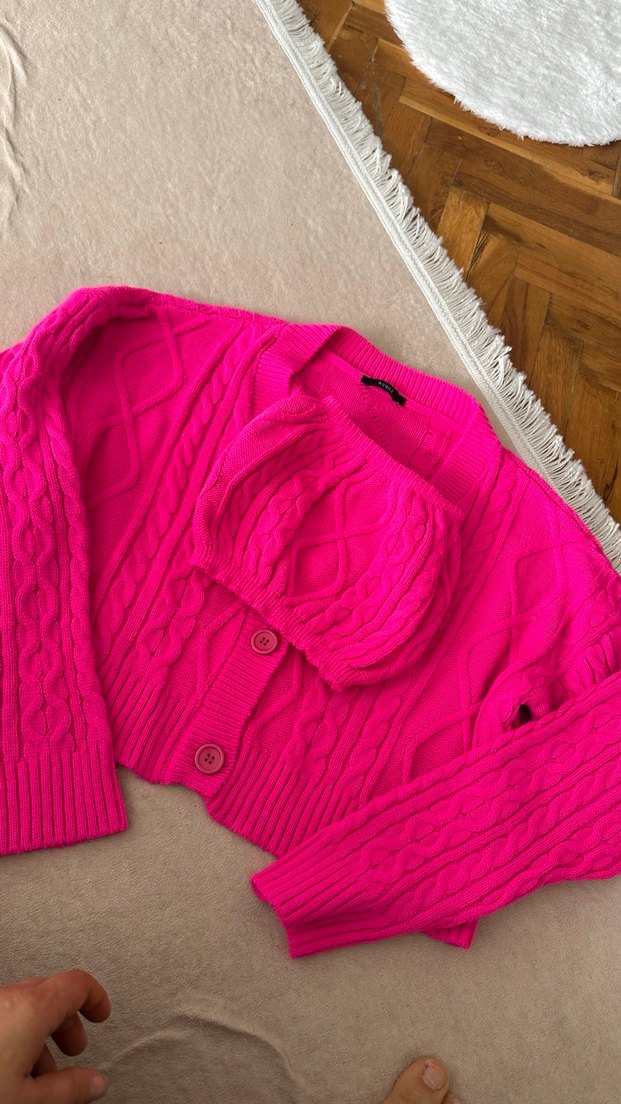 Pembe Örgü Kadın Mini Hırka - Görsel 3