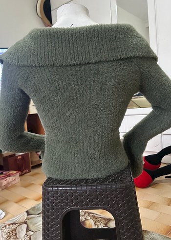 Kadın Gri Straplez Fitilli Triko Kazak - Görsel 2