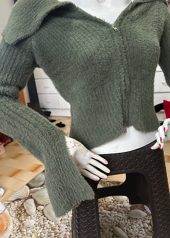 Kadın Gri Straplez Fitilli Triko Kazak - Görsel 3