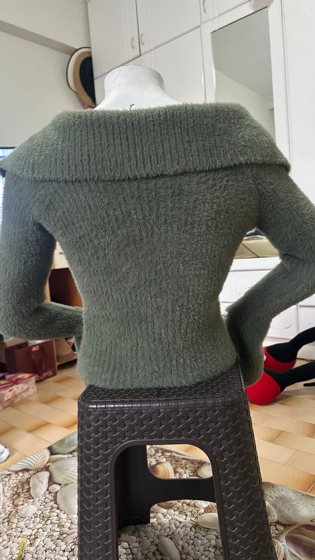 Kadın Gri Straplez Fitilli Triko Kazak - Görsel 2