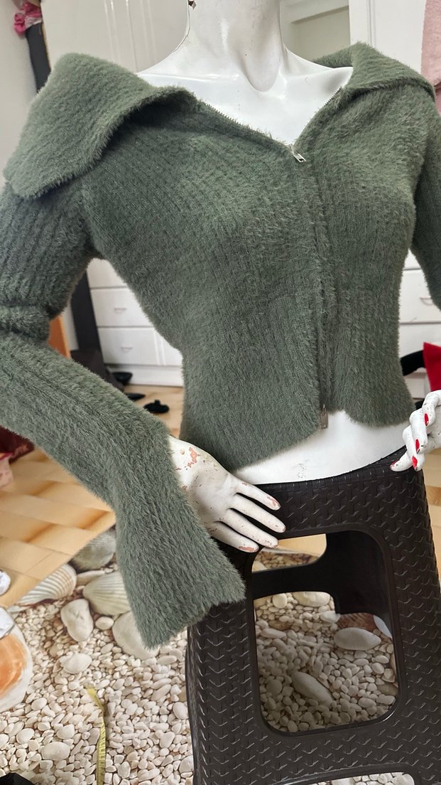 Kadın Gri Straplez Fitilli Triko Kazak - Görsel 3