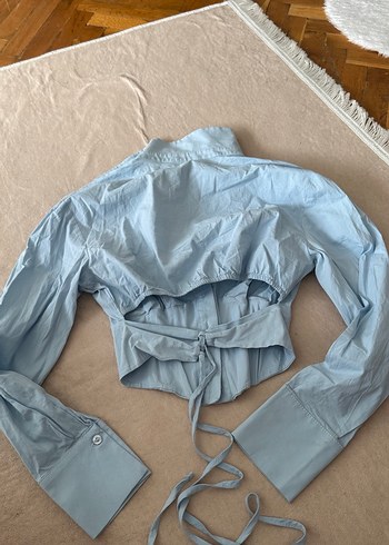 Mavi Keten Düğmeli Uzun Kollu Gömlek - Görsel 2