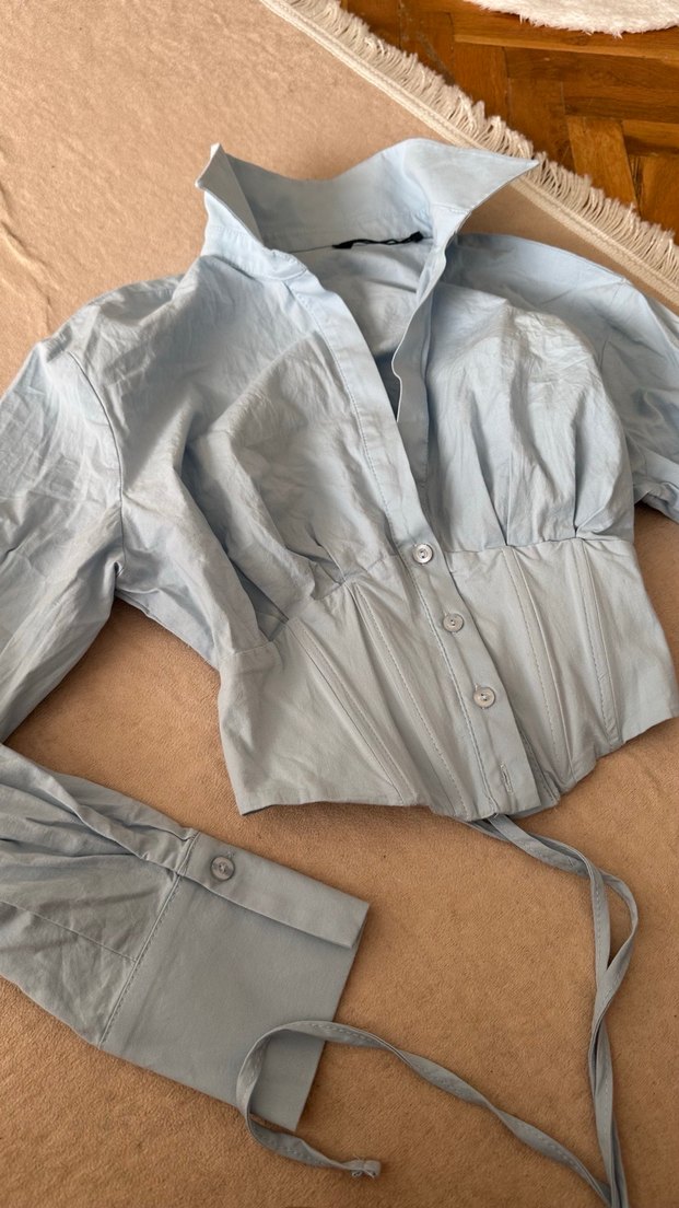 Mavi Keten Düğmeli Uzun Kollu Gömlek - Görsel 3