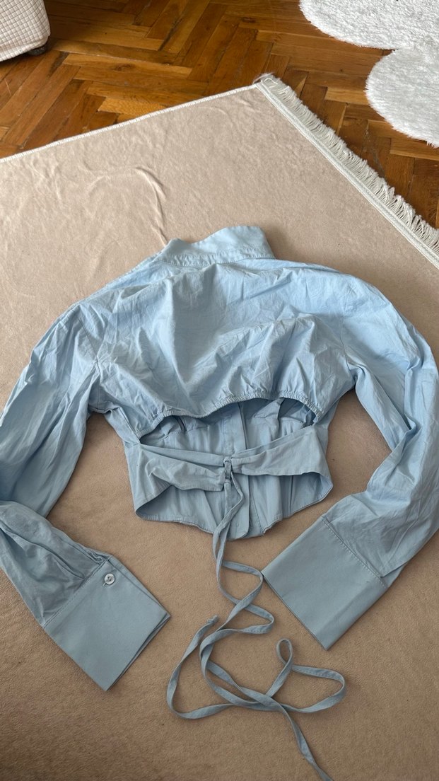 Mavi Keten Düğmeli Uzun Kollu Gömlek - Görsel 2