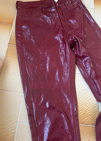 s Beden Bordo Parlak Deri Kadın Skinny Pantolon