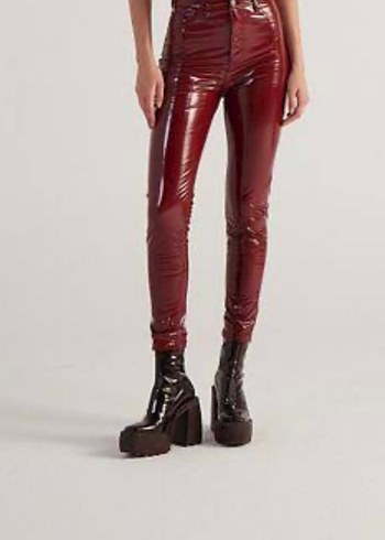 Bordo Parlak Deri Kadın Skinny Pantolon