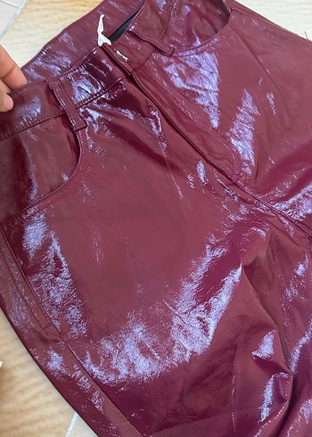 s Beden bordo Renk Bordo Parlak Deri Kadın Skinny Pantolon