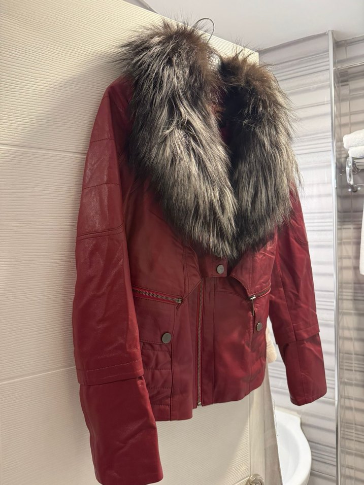 Bordo Kadın Deri Ceket Kürklü Yaka orijinal - Görsel 2