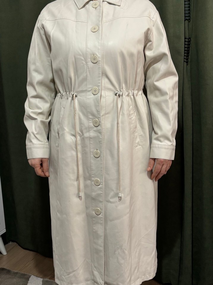 Bej Deri Uzun Kadın Trençkot - Görsel 4