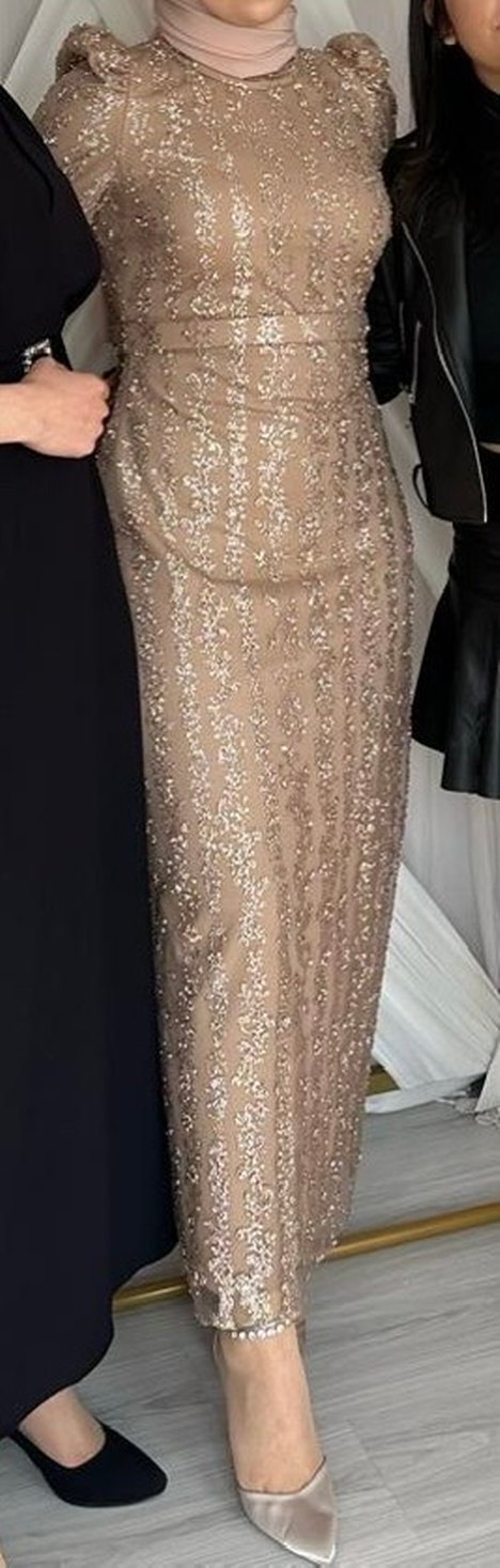 İnci İşlemeli Bej Uzun Abiye Elbise - Görsel 3