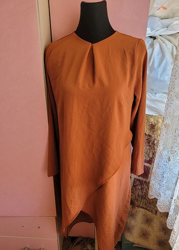 Drapeli Kiremit Rengi Uzun Tesettür Tunik