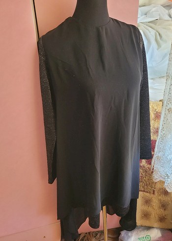 Diğer Siyah Uzun Kollu Yüksek Yakalı Kadın Simli Tunik