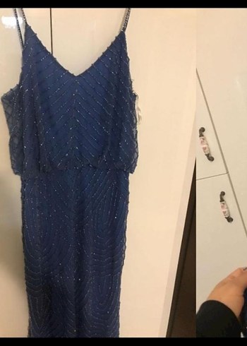 Mavi Full İşlemeli Uzun Abiye Elbise - Görsel 2