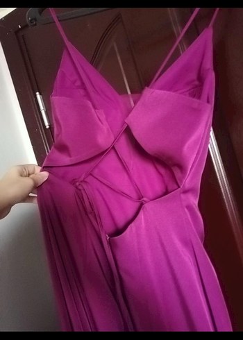 Mor Drapeli Uzun V Yaka Kadın Abiye Elbise - Görsel 2