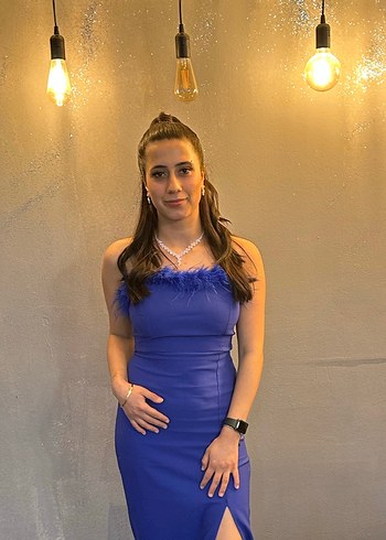 m Beden mavi Renk Straplez Parlak Mavi Uzun Abiye Elbise