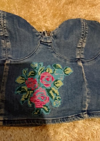 Nakışlı Koyu Mavi Jean Straplez Büstiyer - Görsel 4