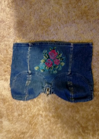 Nakışlı Koyu Mavi Jean Straplez Büstiyer - Görsel 2