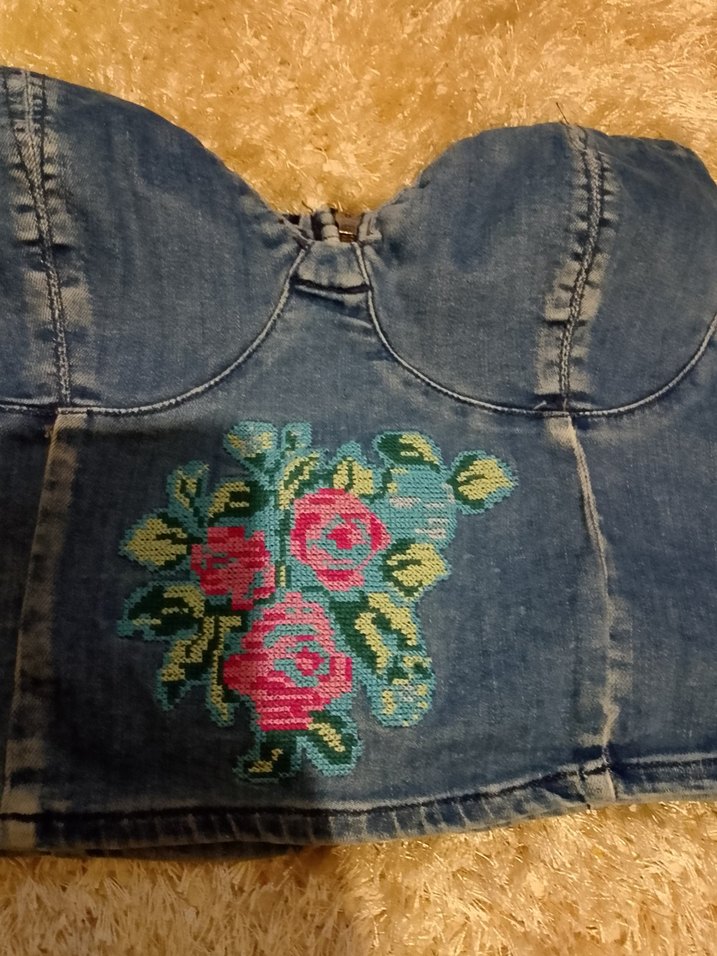 Nakışlı Koyu Mavi Jean Straplez Büstiyer - Görsel 4